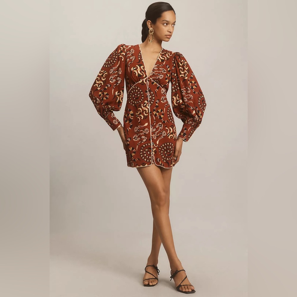 FARM Rio Burgundy Patterned Long Sleeve Mini Dress - Picture 3 of 16